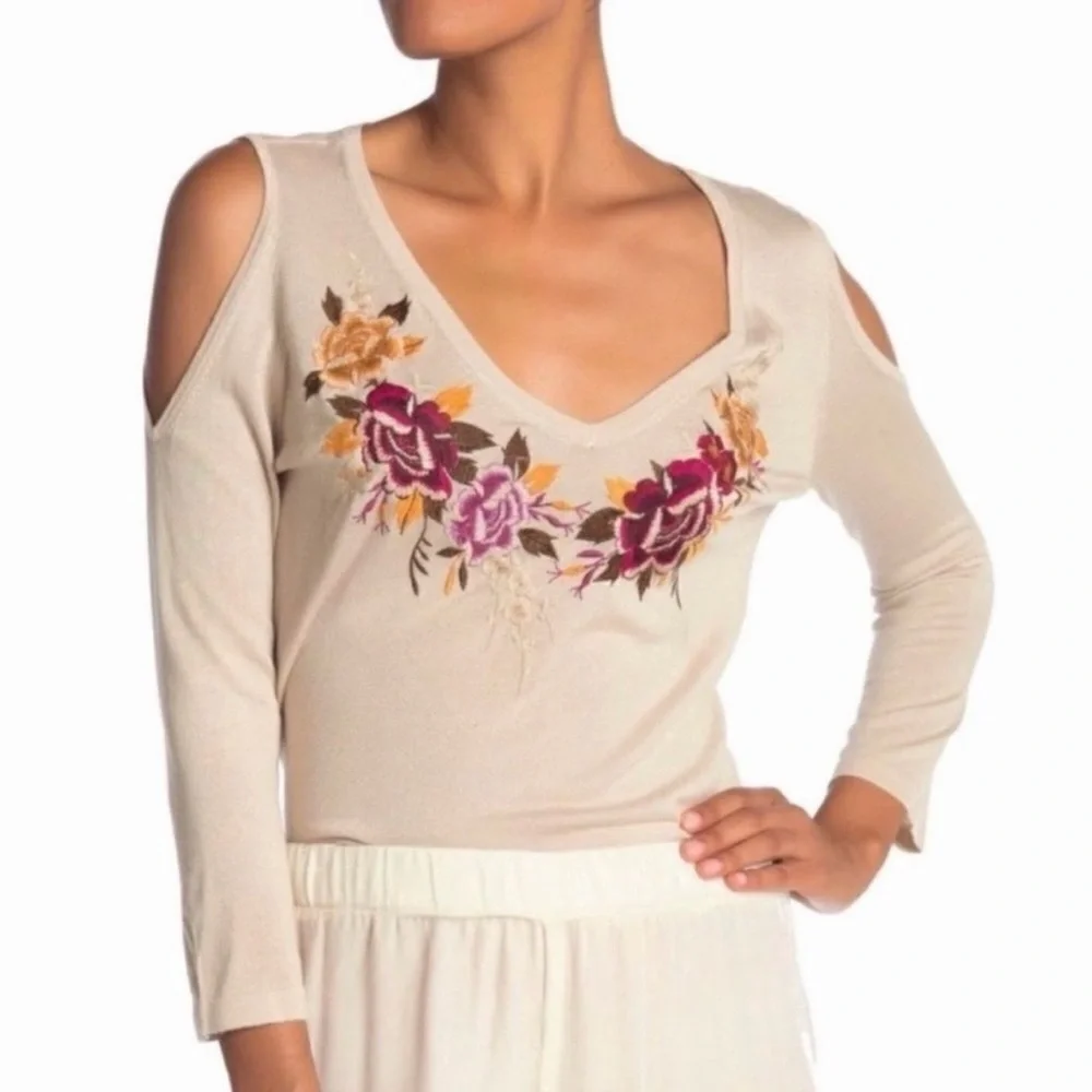 Johnny Was Embroidered Cold Shoulder Knot Top. - Picture 6 of 6